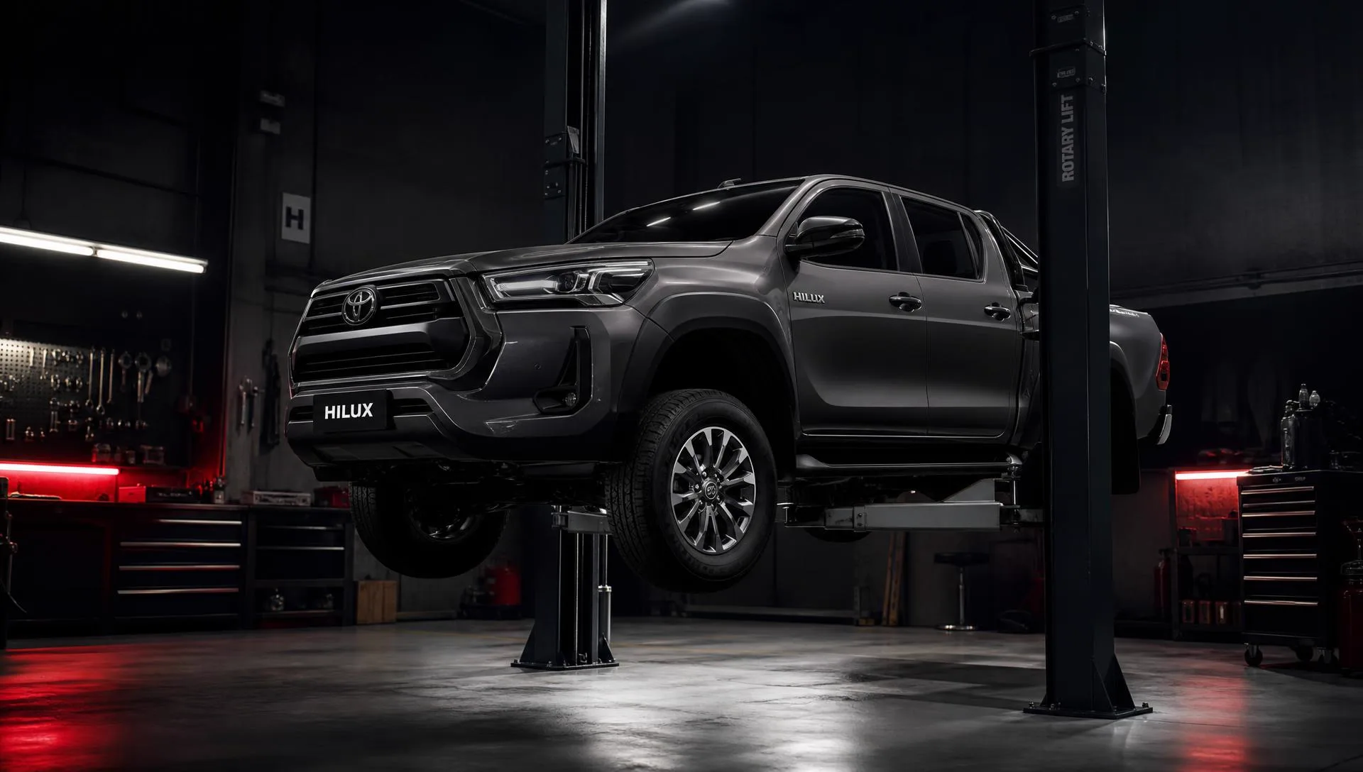Mørk Toyota HiLux på løftebukk i premium verksted
